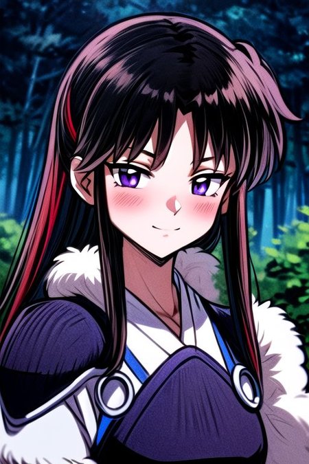 masterpiece,  best quality 1girl Setsun4 solo long hair,  (night time) forest background black hair very long hair purple eyes multicolored hair armor (fur trim) (medium body),<lora:EMS-179-EMS:0.800000>,<lora:EMS-293862-EMS:0.800000> bow, hair_bow, hair_tubes, red_bow, brown_hair, long_hair, bangs, ascot, frilled_bow, yellow_ascot, blush, smile, hair_between_eyes, athletic, armor, miko