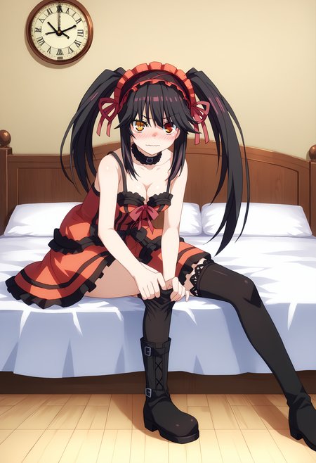 score_9, score_8_up, score_7_up, source_anime,
BREAK
1girl, solo, 
 <lora:shiKurumiV2:1> kurdef, long hair, black hair, twintails, red eyes, yellow eyes, clock eyes, heterochromia, hairband, bare shoulders, detached sleeves, choker, red dress, cleavage, bow, black thighhighs, lace-up boots,
<lora:shiPuttingOnPantyhoseV1:1.0>, shiwearingpantyhose, putting on legwear, sitting, 
adjusting legwear, clothes pull, 
thighhighs, 
looking at viewer, 
indoors, bed, blush, wavy mouth,