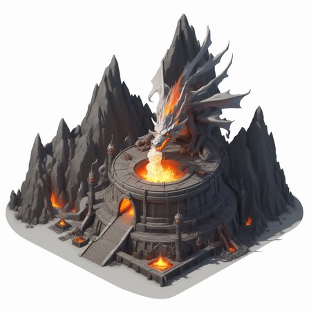 (((masterpiece))),(((best quality))),((ultra-detailed)),solo,isometric,
WAM_bd,solo,
A forge in the Dragon's Breath Mountains, with a large furnace in the center, surrounded by anvils and hammers, and the furnace flames never extinguish,,
(white background, simple background:1.5),fantasy art,
 <lora:WAMå»ºç­æ¨¡å:0.8>