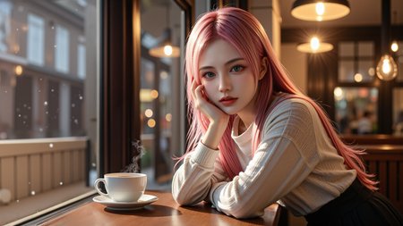 A 20-year-old pink-haired girl with mesmerizing green eyes sits by the window in a cozy café on a winter night. She wears a white sweater and a black pleated skirt,Resting her chin on one hand,she gazes outside at the softly falling snow. Warm café lighting casts a gentle glow on her delicate features,while steam rises from a cup of coffee beside her. The window reflects city lights,adding a dreamy ambiance. Ultra-realistic photography,cinematic composition,soft-focus background.,<lora:aidmaMJ6.1v0.4:0.5>,aidmaMJ6.1,<lora:yuukananri-base-02-flux:0.8>,yuukananri,she has a slender physique and a petite build,