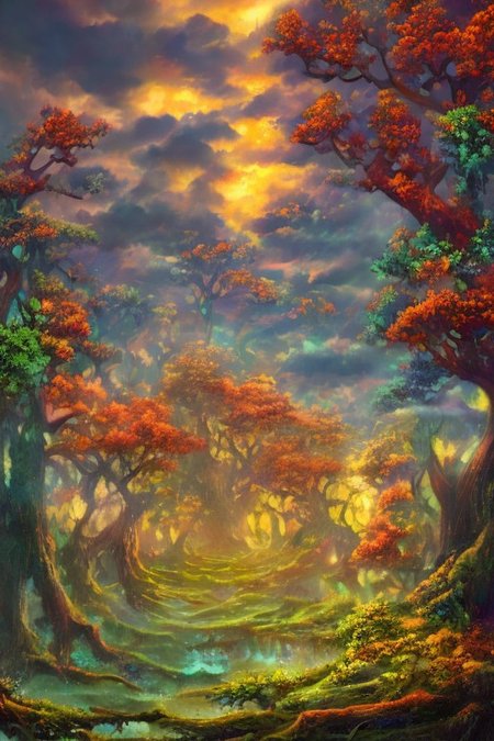 impressionism oil painting, 
fantasy forest,
an expansive ancient forest, featuring towering oaks, diverse wildlife, a variety of flora, and a feeling of grandeur,
glowwave,
dawn,
thunderstorm, and many small clouds, and slightly cloudy, FanLan,