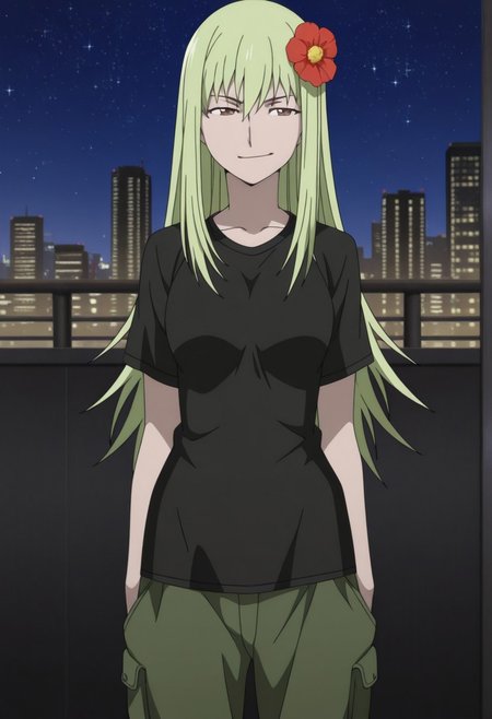 masterpiece,perfect quality,best quality,absolutely eye-catching,absurdres,highres,newest,anime coloring, anime screencap,(1girl,solo), Amber_Fake, Adult, green hair, brown eyes, long hair, t-shirt, black t-shirt, cargo pants, hair flower, standing, smirk, city, tokyo, night, skyline, stars, sky, night sky, starry sky