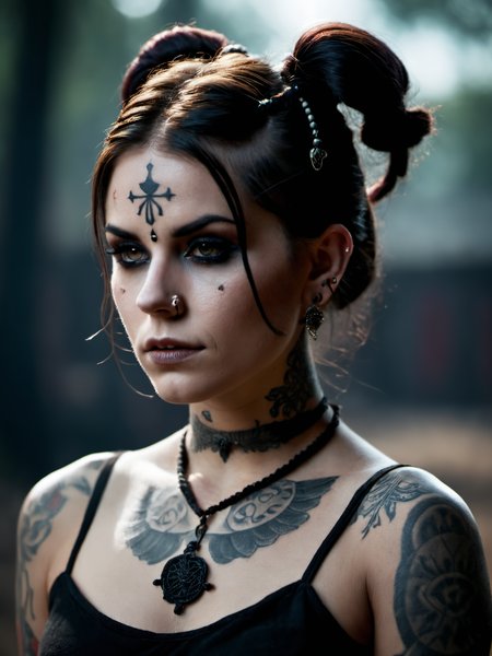 cinematic film still 1 girl,solo,(pale skin:1.3),face tattoos,tattoos,body tattoos,demonic symbols,dusty background,fog,Black background,pigtails,skull girl,day of the dead,, Ultra-HD-details, true to life, HDR image,High detail resolution,soft eyes,natural skin,high detailed face,high detailed cloth,film photography,vintage,cinematic lighting,realistic,sharp focus,(very detailed),((4K HQ)),depth of field,f/1.2,Leica,8K HDR,High contrast,shadows, bokeh,(detailed and realistic skin texture),(detailed clothing),(detailed background),detailed skin,(highly detailed skin),(8K HDR photo),realistic texture,realistic shadows,accurate to life,living image,lifelike . shallow depth of field, vignette, highly detailed, high budget, bokeh, cinemascope, moody, epic, gorgeous, film grain, grainy