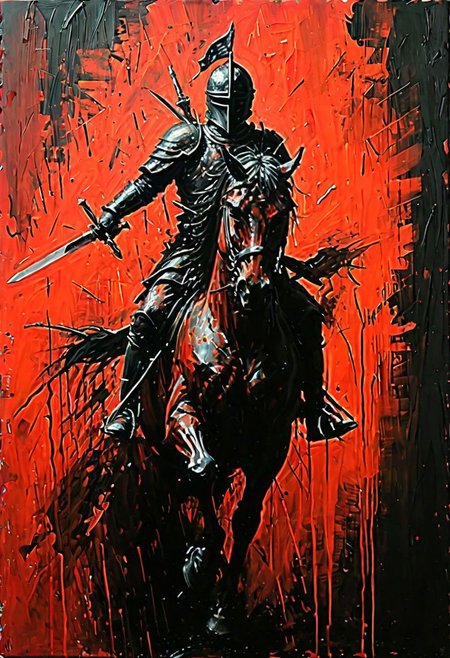 (Impressionism: 1.5), (abstract acrylic painting), red and black shades, (large strokes: 1.3), painting on canvas, filled with movement, (action packed), armored medieval warior riding a horse, (arriving: 1.5), holding sword in the hand, (looking forward), (from above: 1.3), dinamic position, (much splashes of blood and dirt: 1.3) from under the hooves, realism, modern art, abstraction, absurdity, acrylic painting on canvas, (silhouette in strokes: 1.6)
