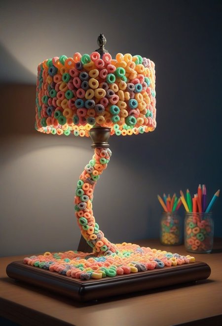 made of Fruit loops , epic picture of a desk lamp on a table, highly detailed, masterpiece, dramatic cinematic lighting, unforgettable, very intricate, high detail , photorealistic detail, ultra-realism , photorealistic,  ultra detailed ,octane render,    <lora:FruitLoopStyle_epoch_9:0.4>