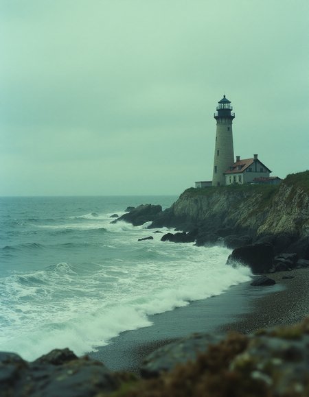 A movie still of a solitary old-fashioned lighthouse standing on a rocky coastline. Waves that are crashing against the shore. The photo is stylized and cinematic., VCTRN, analogstyle,  faded photograph <lora:e377b7657231499e9165dad83cdeb312_pytorch_lora_weights:0.8>  <lora:amateurphoto-6version:0.6> <lora:35mm_joycap:0.5>