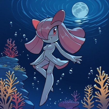 (((Kirlia))), female, anthro, pale white skin, score_9, score_8_up, score_7_up, score_6_up, evnstnly, solo, ((magenta hair)), small smile, big breasts, red eyes, underwater, night, flat colors, 2D, floating, white legs, blush, coral reef, moon