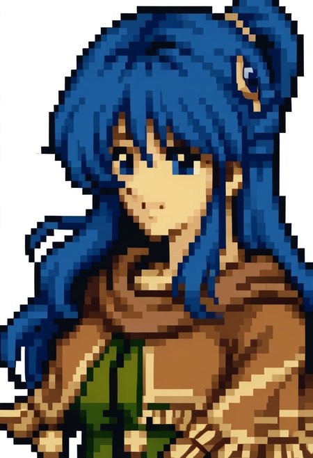 score_9, score_8_up, score_7_up, source_anime, 1girl, solo, smile,
<lora:zs_FE4PortraitsXL:1> fe4portraits, portrait, pixel art, white background
 <lora:ystia-pdxl-nvwls-v1-000005:1> ystia, blue hair, long hair, ponytail, blue eyes, hair ornament, brown capelet, brown scarf, green and brown dress