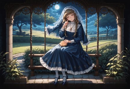 safe_pos, score_9, score_8_up, score_7_up, source_anime, highly detailed, dynamic lighting, 1girl, solo, Lebkuchen, blue dress, veil, necklace, white pantyhose, blue shoes, glossy hair, glossy lips, head tilt, light smile, dynamic lighting, full body shot, detailed background, moonlight radiance, half closed eyes, masterpiece, best quality, (ultra detailed background, delicate pattern, intricate detail:1.3), highly detailed, fine details, ambient light, soft lighting, bright face, illuminated face, (perfect finger:1.1), (perfect hand:1.1), very detailed hands, beautiful face, beautiful eye, detailed face and eyes, medium breasts, glamorous, blush, (outdoors:1.15), night, moon, (((sitting on a tree swing))), wild rose bushes within a garden of white lilies, (((dynamic swing pose))), full body view, dark shadows, (((dim lighting))), bread on lap, side view, view from above pov