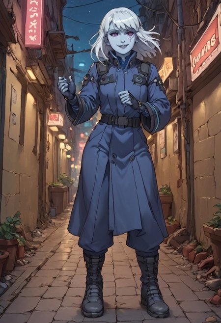 score_9, score_8_up, score_7_up, score_9, score_8_up, score_7_up, Cowboy Shot, Full Body Visual,
BREAK
static_pf, 1girl, white hair, purple eyes, blue skin,
BREAK
Standing in an action pose, Standing in alley at night, city at night, cyberpunk, neon light,
BREAK
DARK SAKURA BODYSUIT,
BREAK
Expressiveh, Smug, Smirk,