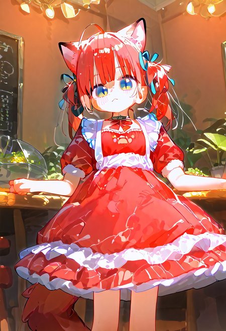 score_9, score_7_up, source_anime, uncensored, 1girl,
 <lora:spakamiKarubiXLPony:1> karubidef, blue eyes, ahoge, cat ears, animal ear fluff, tail, hair ribbon, dress, red dress, red bow, white apron, puffy short sleeves