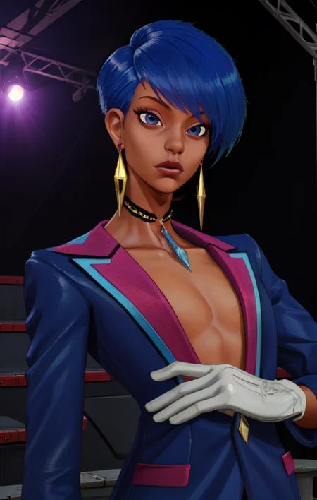Eternity, purple eyes, blue hair, flat chest,  
upper body,   standing, 
blue jacket,  white gloves,  necklace, earrings, 
club, stage lights,  
(insanely detailed, beautiful detailed face,beautiful detailed eyes, masterpiece, best quality),
 <lora:Eternity:0.8>