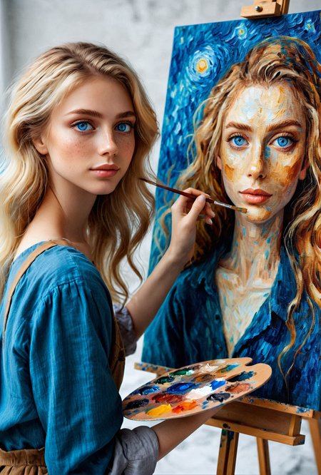 photo of a woman painting a van gogh style self-portrait, canvas, palette, 1girl, blue eyes, long blonde hair, <lora:paintingselfportrait:0.7>