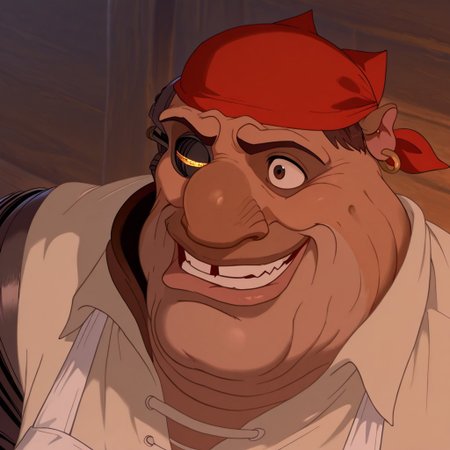 score_9, score_8_up, score_7_up, detailed anatomy, detailed face, detailed eyes, intricate details, textured skin, John Silver, solo, fat man, older male, brown hair, one black eye, earring, single mechanical arm, thick eyebrows, pirate, cybernetic eye, peg leg, muscular, gap in middle of upper teeth, cream colored shirt, red bandana, apron, striped pants, brown shoes, socks, belt, close up, portrait, smile,