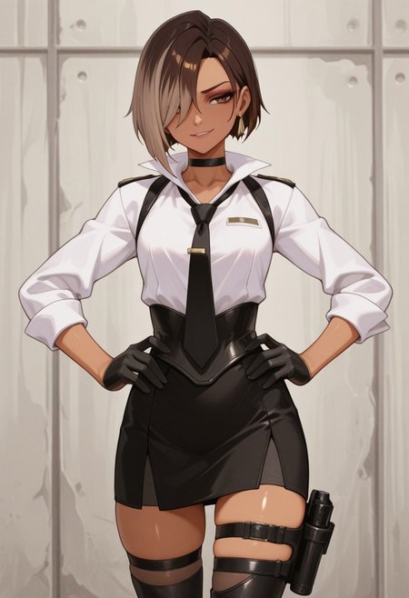 absurdres, masterpiece, best quality, very aesthetic, HDR, 8K, ultra-detailed, anime, 748cmstyle,  standing, strongbox, upper body, front view, hands on hips, 
1girl, solo, Antonia_Fortnite, dark-skinned female, short hair, brown hair, multicolored hair, two-tone hair, asymmetrical hair, hair over one eye, brown eyes, jewelry, earrings, makeup, black necktie, black gloves, black skirt, high heels, black choker, white shirt, thigh strap, thigh holster, thighhighs, holstered weapon, black footwear, skindentation, shiny skin, (skinny), dominant female, evil smirk,
