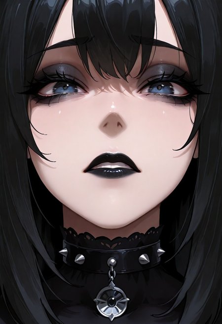 masterpiece,best quality,amazing quality,absurdres,Enchanting Eyes,1girl, Gothic, ultra close up, portrait, ((disgusted, cringing, eye contact)), looking at viewer, frontal view,black lipstick, black eyeshadow, black mascara, long hair, black hair, black spiked choker, 