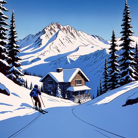 anime artwork of  <lora:perfection style:0.5> <lora:detailed:0.5> perfection detailed
 <lora:The Shining film style:0.9> In cartoon
In the 1980's in the Colorado Rocky Mountains a person skiing down a snowy mountain with a house in the background,monochrome,outdoors,sky,tree,no humans,blue background,traditional media,nature,scenery,snow,forest,blue theme,pine tree , cinematic, film, kodak, The Shining film style, anime style, key visual, vibrant, studio anime,  highly detailed