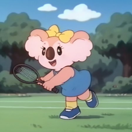 score_9, score_8_up, score_7_up, score_6_up, score_5_up, score_4_up, source_furry, Laurakoala, semi-anthro, female, koala, peach fur, blue dress, yellow bow, yellow socks, blue shoes, tennis