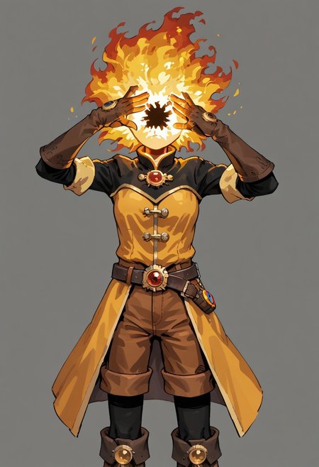 score_9, score_8_up, score_7_up, solo,
lord_of_frenzy, fire head,
novakin, faceless, no eyes, no mouth, no nose, no facial features, short fiery yellow orange hair, body made of black plasma,
open hands, hands on face front,
hands on own head, 
upside-down, backflip,
magical girl outfit, (steampunk dress:1.1), boots, (brown shorts:1.1), black tights, medium breasts, belt, gloves, 
(headache:1.1), (mad:1.1), (lean back:1.1), dynamic pose, 
simple background, grey background,
in yoshidanatsumi artstyle