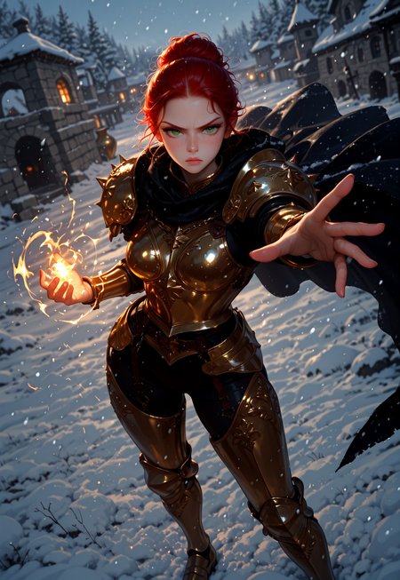 masterpiece, best quality, amazing quality, very aesthetic, absurdres, newest, Hype4realistic, SL1Pplus, 1girl, solo, dark red hair, manbun hair style, slickback hair, hair reaching floor, pale skin, green eyes, freckles, freckled face, knight, Suit of armor, golden cuirass, golden pauldron, black cloak, Golden vambrace, golden Sabaton, Chain mail, cuisses, poleyn, greaves, curvy frame, dutch angle, powerful pose, hero stance, standing, serious expression, scenic background, stone fortress, snow, winter, snowfall, foreshortening, dynamic lighting, shadows,soft lighting, day light, blurred background, cinematic shot, foreshortening, magic, ground quake,
<lora:Purple_Grace_v1_1784360:1>
