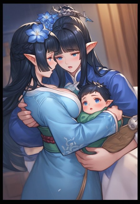 Prompt: score_9, score_8, score_7, 1girl, baby, baby carry, blanket, 
carrying, commentary request, holding person, looking at another, mother and son, open mouth, original, elf ,pointy ears, blue eyes and long black hair, couplelunia, blue kimono, long black hair mother, wide long sleeves blue kimono, white sock, green obi, himecut, hime cut, blush, black hair wife, blue eyes, close up shot, upper body, blue flower hairpin,