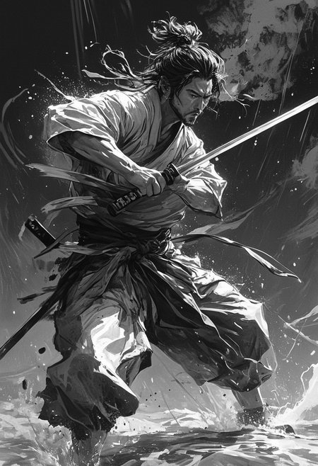 This image is a black and white digital drawing in a manga style, featuring a dynamic and intense scene. The central figure is a samurai warrior, depicted in mid-action. He is wielding a katana, which is drawn in a sweeping arc, suggesting he is preparing to strike or has just delivered a powerful blow. The samurai's hair is wild and disheveled, flowing dramatically behind him as if caught in the wind. He is dressed in traditional samurai attire, including a hakama (loose-fitting pants) and a kimono, both rendered in detailed strokes that convey the texture and movement of the fabric. His expression is fierce and focused, with eyes narrowed and mouth slightly open, emphasizing his determination. The background is minimalistic, consisting of a white void that contrasts sharply with the dark figure and the splash of water droplets, indicating a moment of high action. The water droplets are depicted in a realistic manner, with splashes and ripples capturing the fluid motion. The overall composition and use of negative space create a sense of movement and tension, typical of manga and anime art styles. Niji, aidma-niji