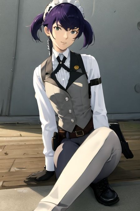 solo, 1girl, solo_focus, (((masterpiece))), ((best quality)), ((ultra-detailed)), ((too_many)):16, high resolution, absurdres, highres, ultra-detailed 8k unity wallpaper, 
kikunop3, maid headdress, vest, shirt, gloves, pants, boots, holster