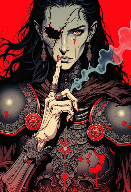 Flat color ff-fbs style image, Slomesty. This brutal, blood-red and ash-gray depiction, with stark black shadows, evokes a grim, battle-worn aesthetic, reminiscent of ancient war banners and forgotten legends. The flowing lines and ornamental details are now deep, battle-scarred engravings and fractured relics of a long-lost era. The elongated, stylized woman is a ghostly warrior queen, her body clad in tattered ceremonial armor, its once-pristine engravings now tarnished by time and the echoes of countless wars. Her long, wind-torn hair flows like battle smoke, merging into the mist of a forgotten battlefield.
In this close-up portrait, she gazes directly at the viewer, her skeletal, gauntleted fingers gently cradling a cracked, bloodstained warrior’s helmet in front of her face. The ancient helmet is marked by deep cuts and scorches, the sigil of a lost kingdom barely visible beneath the wear. Her fingertips trace the jagged edges, recalling the echoes of countless souls who once wore it. Wisps of ghostly mist extend from cracks in her armor, intertwining with the helmet’s broken form—an eerie, silent requiem for an empire lost to time, as if listening to the voices of the dead.