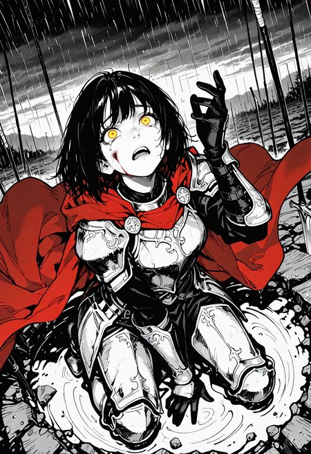 1girl, scared panic, dispair, anguish, tearing up, bruised, bleeding, defeated, dimly glowing eyes, yellow eyes, 
black bob cut, face focus, singed hair,
heavy dark armor, knight, tattered red cape, battle-worn, damaged armor, scratched, bruises, torn clothed, tattered, worn-out, 
kneeling, face focus, low angle, 
hand up,
rain, rainy, looking up, reaching up,
spot color,
battlefield background,
dutch angle, 
windy, flowing cape, flowing hair, epic, cinematic, line art,
dotcomics, monochrome, v2.0, <lora:Dot_Comics:1>, masterpiece, best_quality, amazing_quality, very_aesthetic, 8k, high_quality, highres, absurdres, subject_focus,, detailed eyes, perfect eyes, realistic eyes,