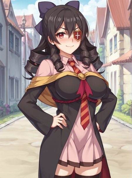score_9, score_8_up, score_7_up, score_6_up, score_5_up, score_4_up, source_anime, anime screencap, <lora:ArueKonosuba:0.8>aruekonosuba, 1girl, solo, eyepatch, red eyes, breasts, necktie, large breasts, long hair, bow, black hair, drill hair, thighhighs,  nose blush, standing smirk,