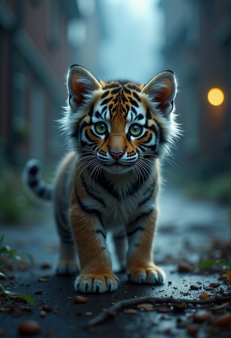 (masterpiece), best quality, expressive eyes, perfect face
In a quiet, moonlit alley, a tiny kitten with soft, gray fur and curious green eyes prowled. Suddenly, a mysterious puff of smoke enveloped the kitten, swirling with an ethereal glow. As the smoke dissipated, the kitten began to grow, its fur darkening and thickening into majestic stripes. Its paws expanded, claws extending with a powerful grace. The once small, delicate whiskers transformed into long, regal whiskers that twitched with newfound strength. The kitten's eyes, now a fierce amber, gleamed with the wisdom and ferocity of a tiger. Muscles rippled beneath its sleek coat as it stood tall, a magnificent tiger where a tiny kitten once was. The transformation complete, the tiger let out a mighty roar, echoing through the night, a testament to its newfound power and majesty. The alley, once a playground for a kitten, now belonged to a tiger.