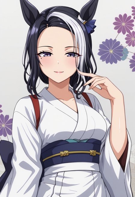 detailed background,  shiny skin, posing, rating safe,
rmnsd, horse girl, multicolored hair, streaked hair, ear ornament, mole under eye saimin.il,
saimin, tsubaki,  white clothes, white kimono, 
clothed girl, kimono, 18 years old ,women,solo,1girl