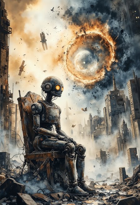 A rusted humanoid robot, its joints creaking with age, sits alone on a crumbling throne of scrap metal in a vast desert of abandoned technology. The sky is a burnt orange, filled with drifting ash and the silhouettes of long-dead satellites crashing from orbit. The robot gazes at a shattered hologram of a world that no longer exists