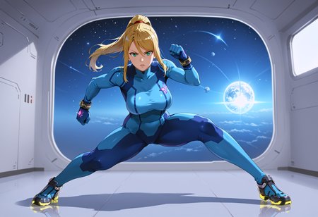 takeda hiromitsu style, source_anime, anime screencap, uncensored, dynamic angle, dynamic view, takeda hiromitsu style, dynamic pose, foreshortening, extreme perspective,
sole female, solo, 1girl, samus aran, blonde hair, swept bangs, long hair, ponytail, mole under left lip, turquoise eyes, zero suite, blue body suit, blue gloves, metal bracelets, sagging breasts, medium breasts, skintight, fully dressed, action pose, dynamic pose, determined, superhero landing, dynamic pose, holding gun, complex background, detailed background, inside giant spacecraft, outer space in window, multiple galaxies in the background, giant view of space, giant window with a view of space, view of planets, view of stars, depth of field, blurry background, volumetric lighting, back lighting, side lighting, 3 point lighting, reflective floor, glossy floor, reflective interior,
<lora:takeda_hiromitsu_style_xl_goofy:1.0>, <lora:DynamicPose_alpha1.0_rank4_noxattn_100steps:3.0>, <lora:Superhero_landing:0.5>