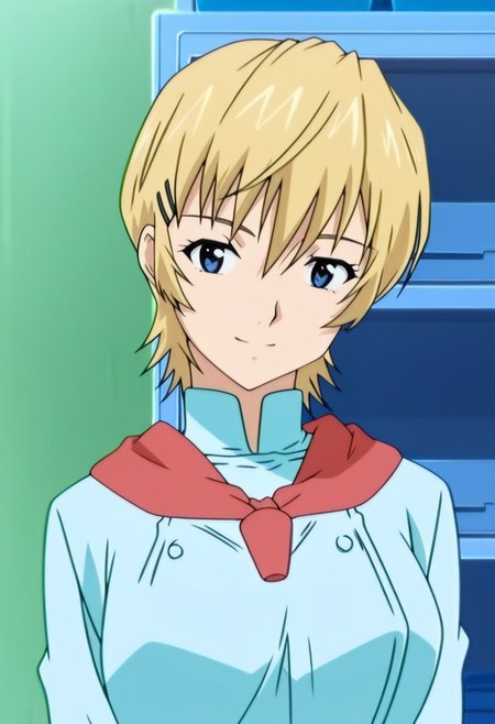best quality, masterpiece, anime screencap, anime coloring, ultra detailed, source_anime, intricate details, perfect anatomy, 
sophie, 1girl, solo, blonde hair, short hair, blue eyes, looking at viewer, hairclip, locker, hair ornament, smile,