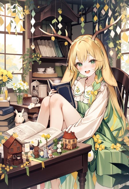 masterpiece, best quality, <lora:yoggiXL_ANI31_lokr_V43P1:0.95>  1girl, green eyes, book, animal ears, long hair, flower, solo, sitting, looking at viewer, smile, antlers, horns, open mouth, cup, blonde hair, holding, string of flags, white shirt, window, shirt, multicolored hair, chair, food, frills, knees up, deer ears, long sleeves, head tilt, very long hair, plant, :d, rabbit, green skirt, skirt, open book, book stack, dress, yellow flower, rabbit ears, indoors, deer antlers, table, tree, pennant, jar, white flower, braid, blush, green hair, stuffed toy, teapot, green dress, upper teeth only