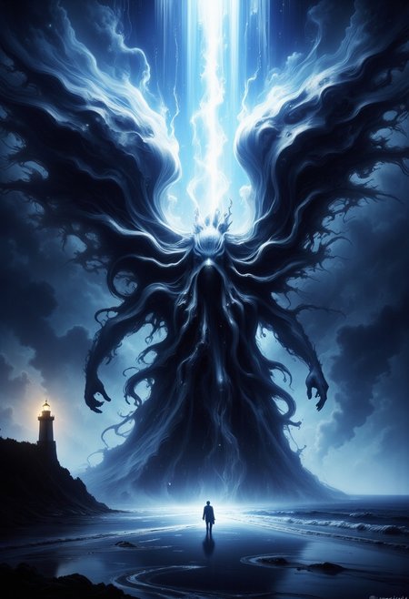 rising of the ocean on a dark night a giant human body walking towards the sailor with kraken head with a lot of kraken giant tentacles coming out of your head, extra large dark wings, cthulhu, shadow.a diagonal flash of a lightning bolt tearing the scene, a sailor figure, almost tiny in size is standing still on the edge of the beach looking at the ocean. in the left corner of the scene is a lighthouse with a yellow light focused on the ocean reflecting in the water on an island in the ocean. dark atmosphere. terror and horror feeling.