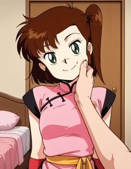 masterpiece, best quality, uncensored,  arms at sides, (head tilt), upper body, happy, solo, bedroom, 
<lora:Yan0:1>, Yan0, 1girl, short hair, brown hair, green eyes, pink china dress, pov cheek grabbing \(meme\),
