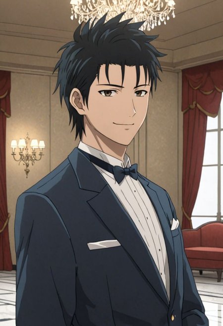 Highres, Masterpiece, High Quality, 4K, 8K, solo, 1Boy, Soujirou Agata, brown eyes, black hair, ballroom, luxury hotel, luxury room, marble floor, crystal chandelier, classic ornaments, tuxedo, smile, musterius, classy, confident, rich, easynegative, detailed_eye_model