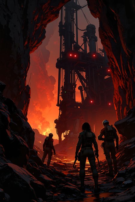 Deep in the molten core of a dying planet, a team of interstellar miners struggles to keep their massive drilling machine operational, their faces lit by the eerie glow of the surrounding lava. The cavern walls tremble as the planetâs unstable core begins to collapse, sending shockwaves through the jagged landscape. One miner, her face streaked with sweat and grime, slams her fist into the controls, desperate to stabilize the drill. The machineâs red warning lights flash in rhythm with the distant rumble of volcanic activity, while the air is thick with ash and the oppressive heat of the planetâs final moments. The scene captures the high-stakes intensity of a doomsday scenario, blending the claustrophobic tension of The Abyss with the raw, industrial grit of Aliens.<lora:Anime v1.3:1.2>