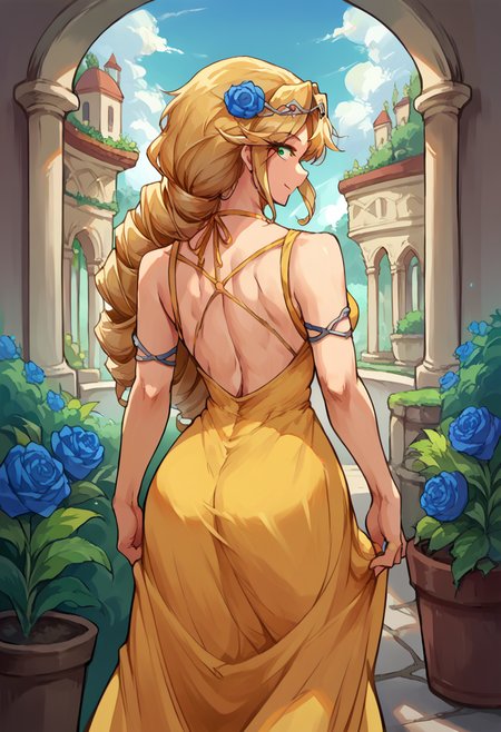 score_9, score_8_up, source_anime, 1girl, solo, LakyusAlveinDaleAindra, long hair, drill hair, ponytail, hair flower, circlet, from behind, yellow sundress, garden, day, sunshine, smile, looking back, <lora:ChamLakyusAlveinDaleAindraPonyXL:1>