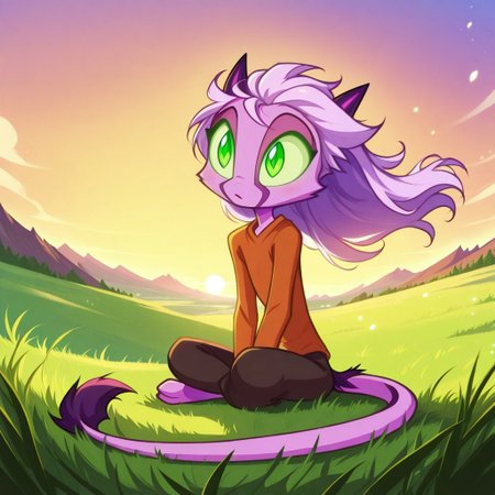 Dreamkeepers,1girl,Prelude_Namah,solo,furry,tail,source_furry, green eyes,masterpiece, 
kid, child, 
sunset, hill, long_hair, wind_blowing_hair, sitting_on_grass, looking_at_sky, peaceful_expression, warm_colors, scenic, detailed_background