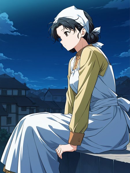 <lora:Emily__The_Greatest_Estate_Designer__Illustrious:1>
1 girl, solo, brown eyes, black hair, hair bun, double bun, short hair, bangs,
shirt, yellow shirt, white apron, head scarf, long sleeves, 
score_9, score_8_up, score_7_up, score_6_up, source_anime, masterpiece, best quality, absurdres, highres, newest, anime coloring <break>  1girl, solo, sitting, on wall, from side, town, night sky, cloud
