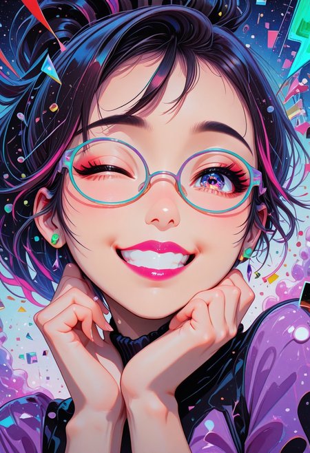 masterpiece, best quality, colorij, neon, glitch art, 1girl, closeup, ((Asian, round face)), glasses, dark hair, neon streaks, short hair, ponytail, sparkling eyes, innocent expression, winking, slight grin, coy, lavender top, emerald stud earrings, maroon lipstick, stylish, heat resting on hands, ((detailed eyes)), suggestive, vibrant background, glitch background, dynamic angle, dynamic pose, abstract