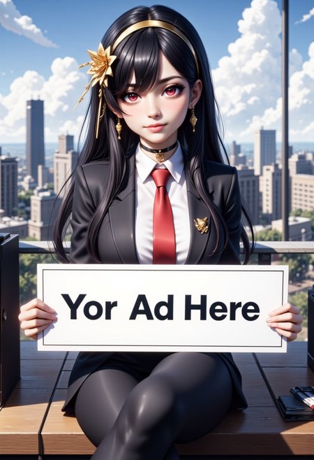yor briar, 1girl, solo, long hair, business suit, formal,  
holding big sign that says "Yor Ad Here",  
smile, 
(upper body),
red tie, looking at viewer, black hair, hair ornament, red eyes, sitting, flower, sidelocks, hairband, earrings, parted lips, sky, choker, cloud, hair flower,  blurry, lips, blurry background, sitting in office, ready to work, red lips, gold earrings, gold hairband,