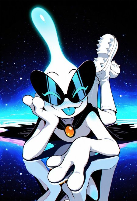 masterpiece, ultra detailed, amazing quality, absurdres, very aesthetic, solo, male focus, 1boy, 
orbulon_WW, white skin, alien, 3 fingers, fewer digits, sunglasses, eyes visible through eyewear, closed eyes, looking at viewer, blue eyes, knee boots, white footwear, spiked footwear, brooch, black cape, torn cape, smile, :p, tongue out, blue tongue, slim, full body, (lying:1.1), on stomach, the pose, legs up, arm support, head rest, shoe soles, blush, blue blush, from front, 
BREAK 
detailed shading, shadow, on ground, WaiIL25PosC, g0th1c, glowing, backlighting, reflection, psychedelic background, galaxy,