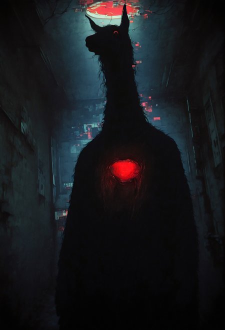 high contrast, masterpiece, best quality, amazing quality, very aesthetic, absurdres,  newest, glitch, volumetric light, LeIsT0_illu, 0010011_illu, Dark web, 1boy, mature male, long neck, kemonomimi, llama boy, solo, shadows, melancholy, horror \(theme\), garage, three quarter profile, forced perspective,  hole through chest, bright light,