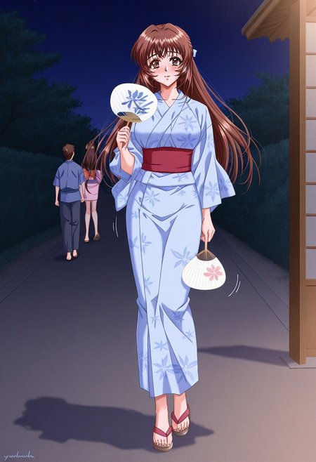 masterpiece, best quality, newest, highres, uncensored, 1girl, yokota mamoru style,1girl, slender face，motion lines,blush
Asaoka Chihiro,Brown Hair, Spiky Bangs, Waist Length Hair,Long Hair,Brown Eyes,Tareme Eyes, Slim,mature female
solo1 girl,1girl, japanese clothes, kimono, hand fan, paper fan, uchiwa, yukata, solo focus, sandals, night, blue kimono, brown eyes