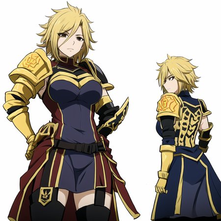 ((masterpiece)), (best quality), (absurdres), <lora:DimariaYesta:0.8>, dimaria yesta, blonde hair, armor, gauntlets, gloves, brown eyes