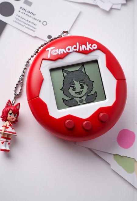 The image is a high-quality photograph of a red and white Tamagotchi with a plastic toy dice motif labeled "Tamachinko", displaying a black and white pixelated image of a kawaii, moe anime inumimi girl with short, messy hair, dog ears and tail, and a happy facial expression. Attached to the device is a chain with a small figurine charm of the same anime girl character as a small, plastic, chibi doll. She has red hair, red dog ears, red dog tail, blue eyes, is blushing, and is wearing a white sundress with red lace trim and white vinyl kneehigh boots. The buttons on the device are vaguely shaped like hearts or dice. The device is being held in a sterile white laboratory with scientific documents and papers scattered in the background.